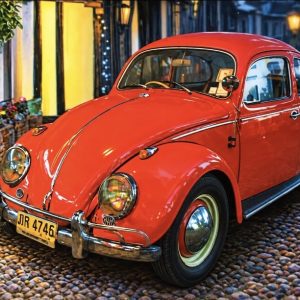 Heuer 3D Poster Roter VW Käfer – Nostalgischer Stadtzauber