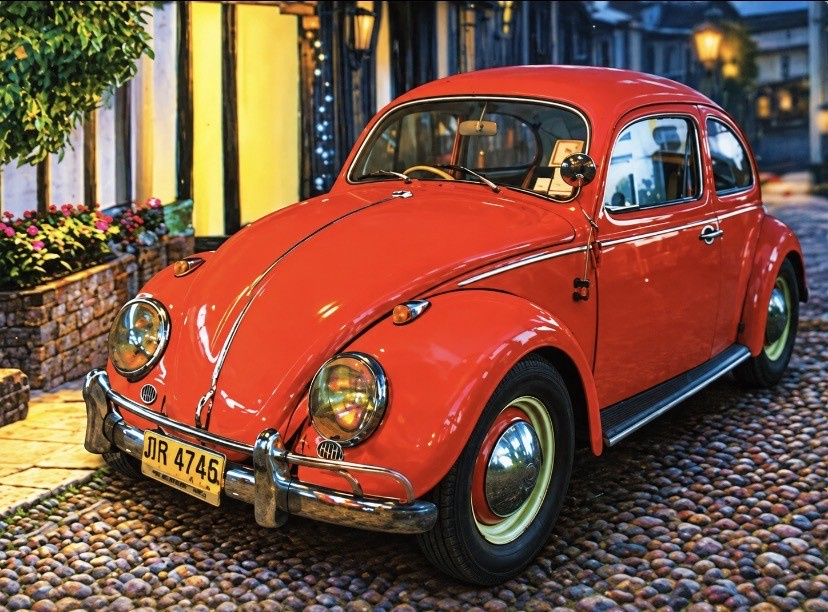 Heuer 3D Poster Roter VW Käfer – Nostalgischer Stadtzauber