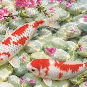 Heuer 3D Poster Koi-Karpfen – Harmonie zwischen Blüten