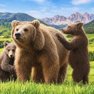 Heuer 3D Lesezeichen Braunbärenfamilie auf der Bergwiese