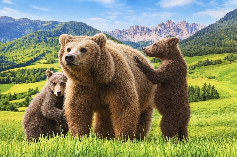 Heuer 3D Lesezeichen Braunbärenfamilie auf der Bergwiese