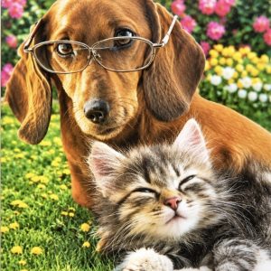 Heuer 3D Schlüsselanhänger Dackel mit Brille und kleinem Katzenfreund