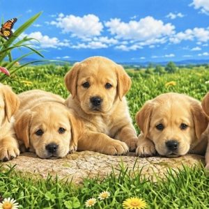 Heuer 3D Poster Fünf Hundewelpen im Sommerglück