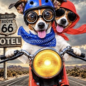 Heuer 3D Schlüsselanhänger Hunde auf Motorrad – Abenteuer Route 66